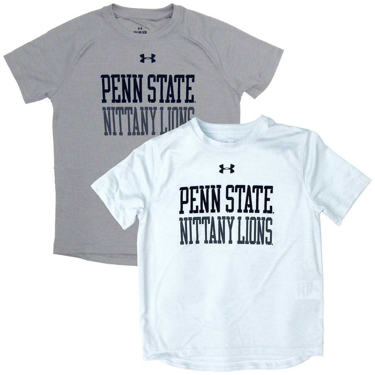 gray and white youth Under Armour vent tech t-shirts with screened Penn State Nittany Lions